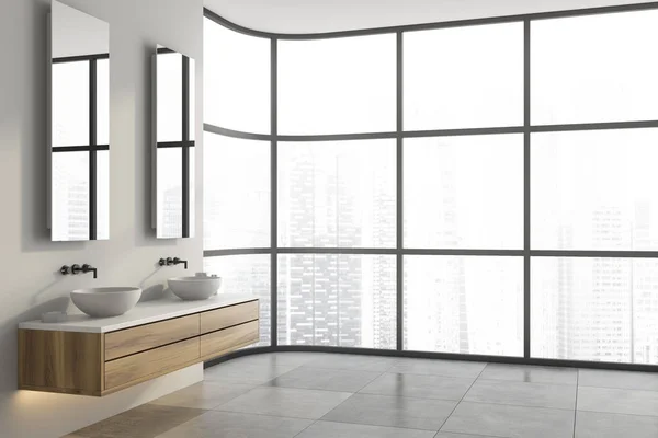 舒适的双层水槽矗立在现代全景浴室角落的木制台面上 配有白色的墙壁和铺了瓷砖的地板 3D渲染 — 图库照片
