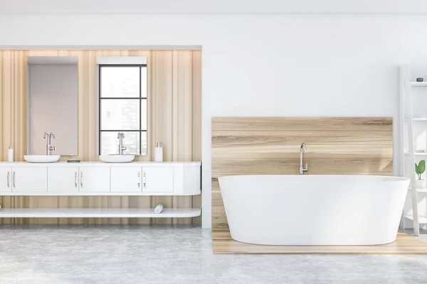 Interior Casa Banho Elegante Com Paredes Madeira Branco Pia Dupla — Fotografia de Stock