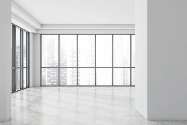 有白色墙壁 混凝土地面和全景窗户的空办公室的前视图 黑色城市景观 3D渲染 — 图库照片