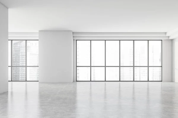 Interior of empty apartment with white walls, concrete floor and panoramic windows with blurry cityscape. 3d rendering