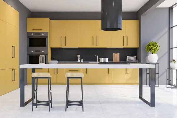 Interior Modern Kitchen Gray Walls Concrete Floor Yellow Cabinets Bar — Stock Photo, Image