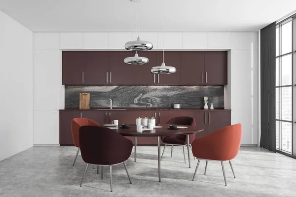 Interno Cucina Moderna Con Pareti Bianche Marmo Pavimento Cemento Armadi — Foto Stock