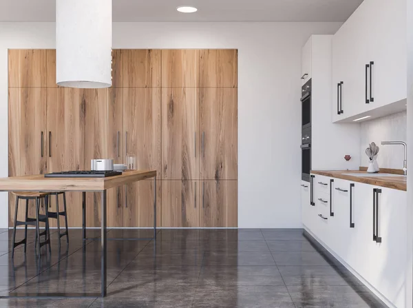 Pemandangan Samping Dapur Bergaya Dengan Dinding Putih Lantai Berubin Lemari — Stok Foto