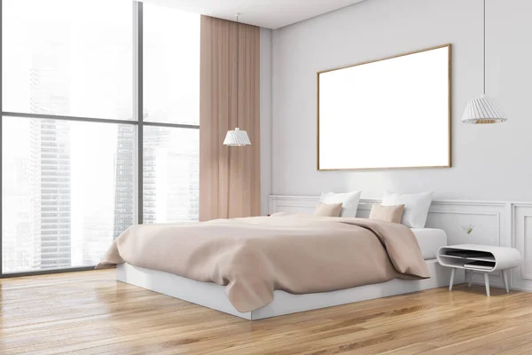 Corner of modern bedroom with white walls, wooden floor, king size bed with beige cover and horizontal mock up poster. 3d rendering