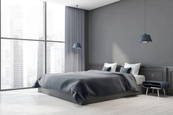 有灰色墙壁 木制地板 有灰色床罩和窗户的大尺寸床的时髦卧室角落 3D渲染 — 图库照片