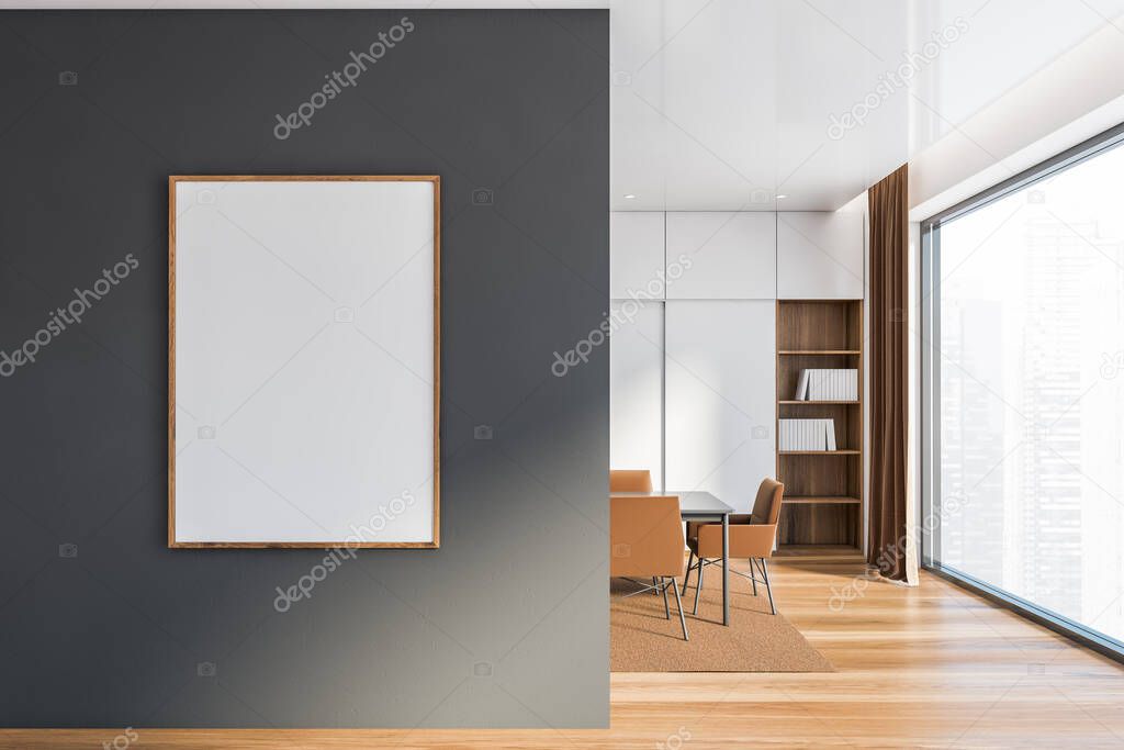 Interior of modern dining room with white walls, wooden floor, long dining table with brown chairs. Vertical mock up poster. 3d rendering