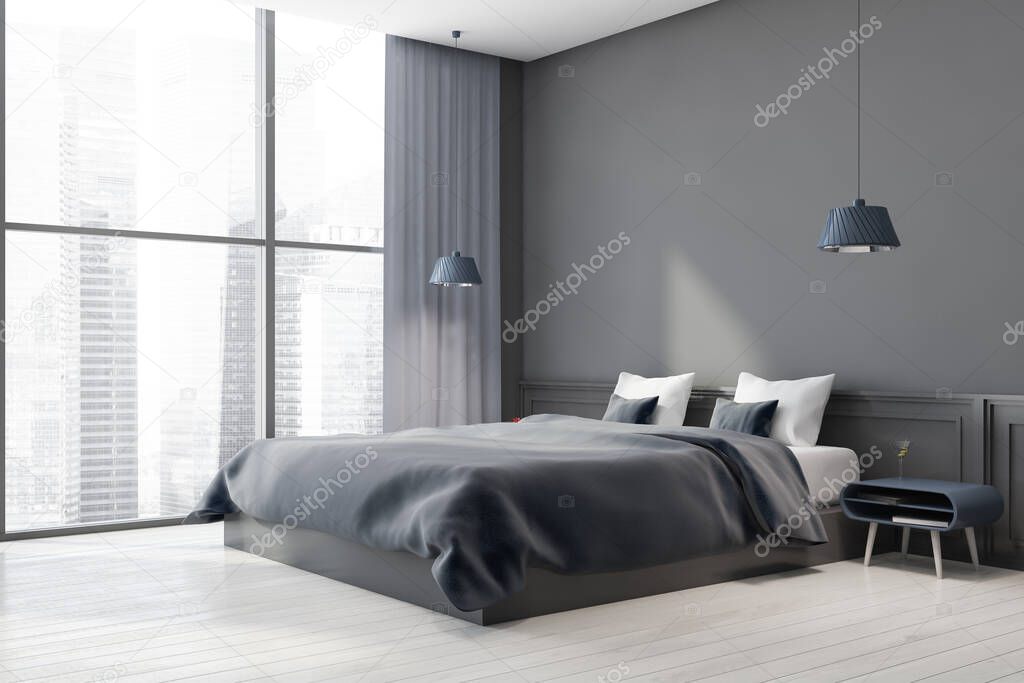 Corner of stylish bedroom with gray walls, wooden floor, king size bed with gray cover and window. 3d rendering