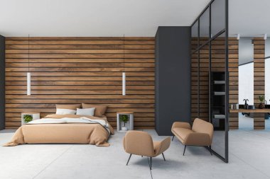 Modern yatak odası, gri ve ahşap duvarlar, rahat kral yatağı ve bej koltuğu. 3d oluşturma