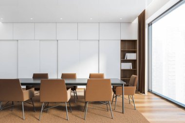 Beyaz duvarları, ahşap zemini, kahverengi sandalyeli uzun yemek masası olan modern yemek odasının önü. 3d oluşturma