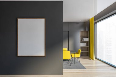 Gri duvarları, ahşap zemini, sarı sandalyeli uzun yemek masası olan şık bir yemek odası. Dikey maket posteri. 3d oluşturma