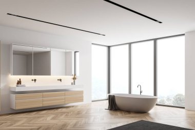 Beyaz duvarları olan modern banyonun köşesi, ahşap zemin, ahşap dolapta duran çift lavabo ve rahat küvet. 3d oluşturma