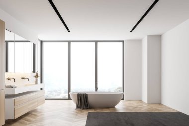 Beyaz duvarlı modern banyo, ahşap zemin, ahşap dolapta duran çift lavabo ve rahat küvet. 3d oluşturma