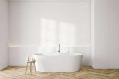 Beyaz duvarları, ahşap zemini ve rahat beyaz küveti olan modern banyonun içi. 3d oluşturma