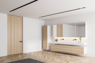 Beyaz duvarları olan modern banyonun köşesi, ahşap zemin ve ahşap dolapta duran çift lavabo. 3d oluşturma