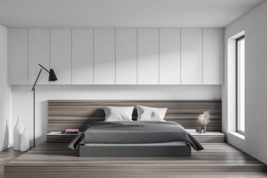 Modern yatak odasının içinde beyaz duvarlar, ahşap zemin, iki komodinli rahat ana yatak. 3d oluşturma