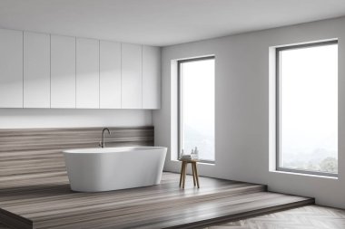 Beyaz ve ahşap duvarları, tahta zemini ve rahat küveti olan modern banyonun köşesi. 3d oluşturma