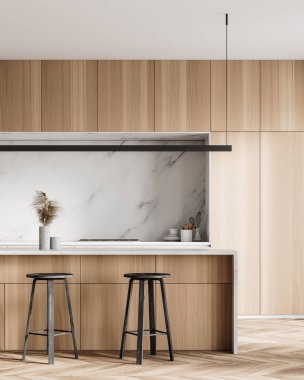 Ahşap ve beyaz mermer duvarlı, ahşap döşemeli ve tabureli barlı şık bir mutfak. 3d oluşturma