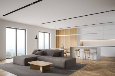 Beyaz ve ahşap duvarları olan modern oturma odasının köşesi, ahşap zemin, sehpanın yanında rahat bir kanepe ve arka planda mutfak. 3d oluşturma