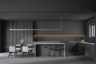 Gri ve ahşap duvarları, beton zemini, gri dolapları, bar ve yemek masası olan şık bir mutfak. 3d oluşturma