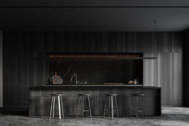 Siyah mermer duvarları, beton zemini ve tabureli barı olan şık bir mutfak. 3d oluşturma