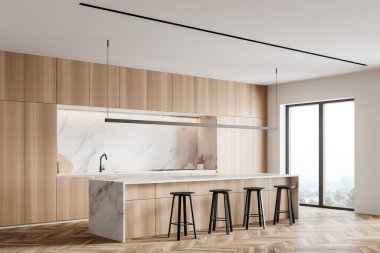 Modern mutfağın köşesinde beyaz mermer duvarlar, ahşap zemin ve tabureli bir bar. 3d oluşturma