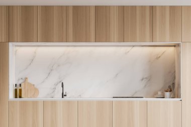 Lavabo ve fırında yapılmış ahşap dolapların kapağı beyaz mermer duvarlı modern mutfakta duruyor. 3d oluşturma