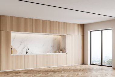 Lavabo ve fırında yapılmış ahşap dolaplar modern mutfak köşesinde beyaz mermer duvarlarla duruyor. 3d oluşturma