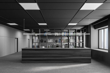 Gri duvarları, halı döşemesi, koyu ahşap resepsiyon masası ve kitaplığı olan modern ofis. 3d oluşturma