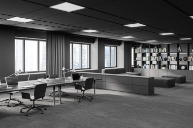 Gri duvarları, halı döşemeleri, büyük bilgisayar masaları ve kanepeli dinlenme odaları olan modern açık uzay ofisinin köşesi. 3d oluşturma