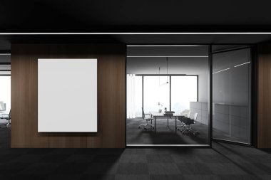 Gri ve ahşap duvarları, halı döşemeleri ve uzay ofisleri olan modern ofis binası. Dikey maket posteri. 3d oluşturma