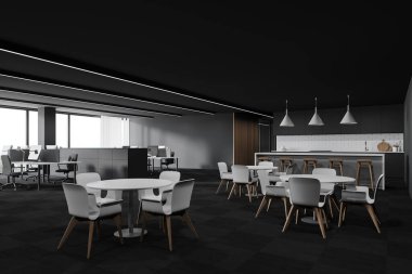 Gri duvarları, halı döşemeleri ve sıra sıra beyaz bilgisayar masaları olan modern açık uzay ofisinin köşesi. Bar ve masaları olan bir kantin. 3d oluşturma