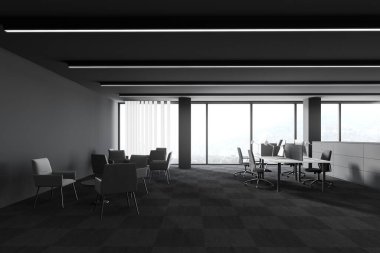 Interior of open space office with gray walls, carpeted floor, computer tables and lounge area with armchairs. 3d rendering clipart