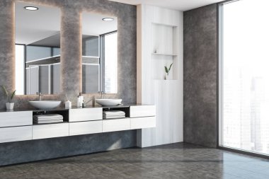 Beyaz ve beton duvarlı modern banyonun köşesi, beton zemin ve iki dikey aynalı çift lavabo. 3d oluşturma