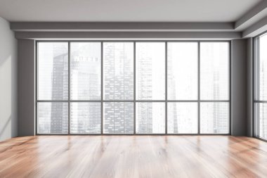 Gri duvarları, ahşap zemini ve panoramik penceresi olan boş bir ofis. Bulanık şehir manzarası. 3d oluşturma