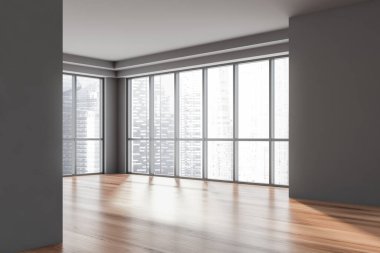 Gri duvarları, ahşap zemini ve panoramik penceresi olan boş bir ofis köşesi. Bulanık şehir manzarası. 3d oluşturma