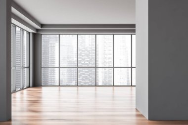 Gri duvarları, ahşap zemini ve panoramik penceresi olan boş ofis manzarası. Bulanık şehir manzarası. 3d oluşturma