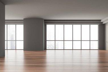 Gri duvarları, ahşap zemini ve bulanık şehir manzaralı panoramik pencereleri olan boş bir daire. 3d oluşturma
