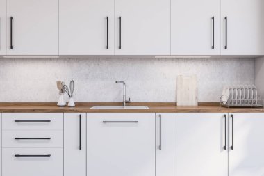 Lavaboda yapılmış, beyaz duvarlı, şık beyaz dolaplar. 3d oluşturma
