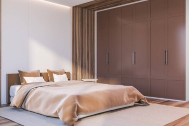 Beyaz ve ahşap duvarları, tahta zemini ve bej battaniyeli kral yatağı olan modern ana yatak odasının köşesi. Bej gardırop. 3d oluşturma