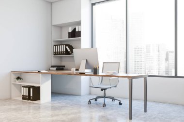 Minimalist CEO ofisinin köşesinde beyaz duvarlar, beton zemin, bej perdeli panoramik pencere ve bilgisayar masası var. 3d oluşturma