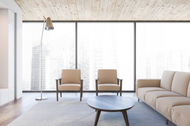 Beyaz duvarları, ahşap zemini, bej koltuğu, koltuğu ve kahve masası olan panoramik oturma odasının içi. 3d oluşturma