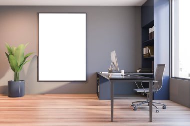 Gri duvarları, ahşap zemini, beyaz perdeli panoramik penceresi ve bilgisayar masası olan minimalist CEO ofisi. Dikey maket posteri. 3d oluşturma