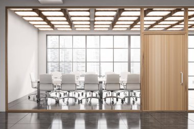 Beyaz duvarlı, fayanslı, beyaz sandalyeli uzun konferans masalı modern toplantı odasının içi. Tahta kapı. 3d oluşturma