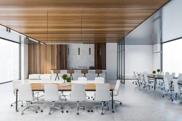 Interior of stylish conference room with white and wooden walls, tiled floor and long meeting tables with white chairs. 3d rendering