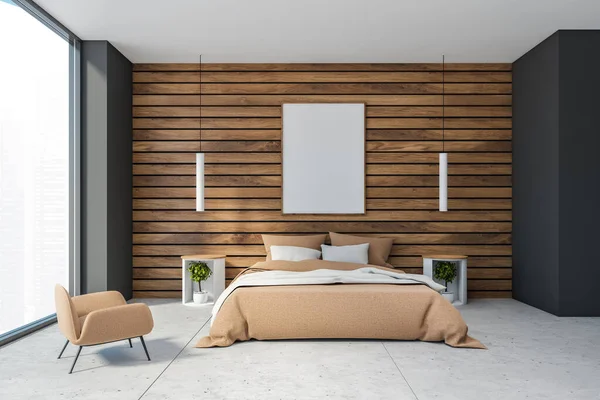 Intérieur Chambre Moderne Avec Des Murs Gris Bois Lit King — Photo