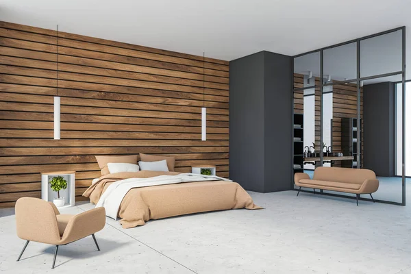 带有灰色和木制墙壁 舒适的国王尺寸床和米黄色扶手椅的现代卧室角落 3D渲染 — 图库照片