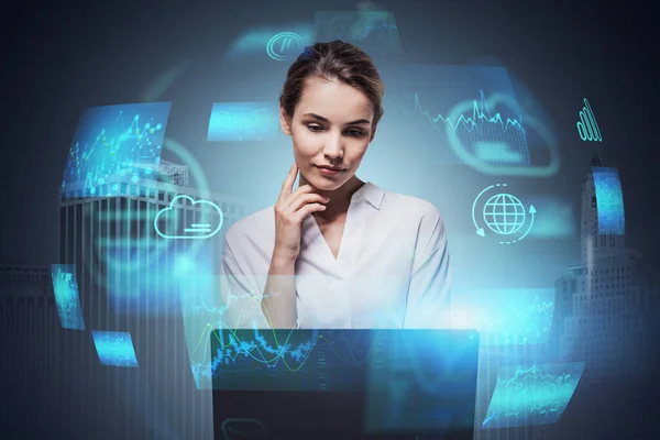 Serious Young European Businesswoman Using Laptop Double Exposure Blurry Immersive — Stock Photo, Image