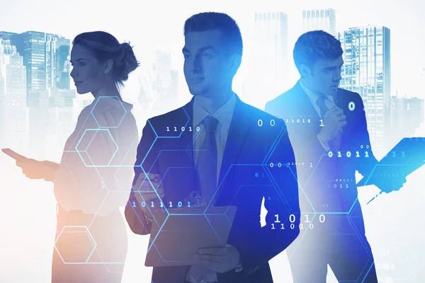 Three Successful Business People Blurry City Double Exposure Network Interface — Stock Photo, Image