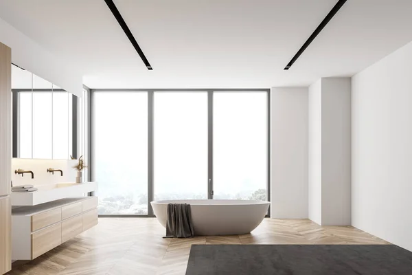 Vue Latérale Salle Bain Moderne Avec Murs Blancs Sol Bois — Photo