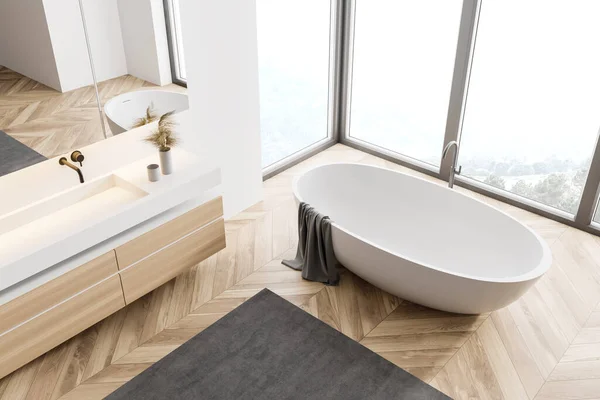 Vista Superior Banheiro Moderno Com Paredes Brancas Piso Madeira Pia — Fotografia de Stock